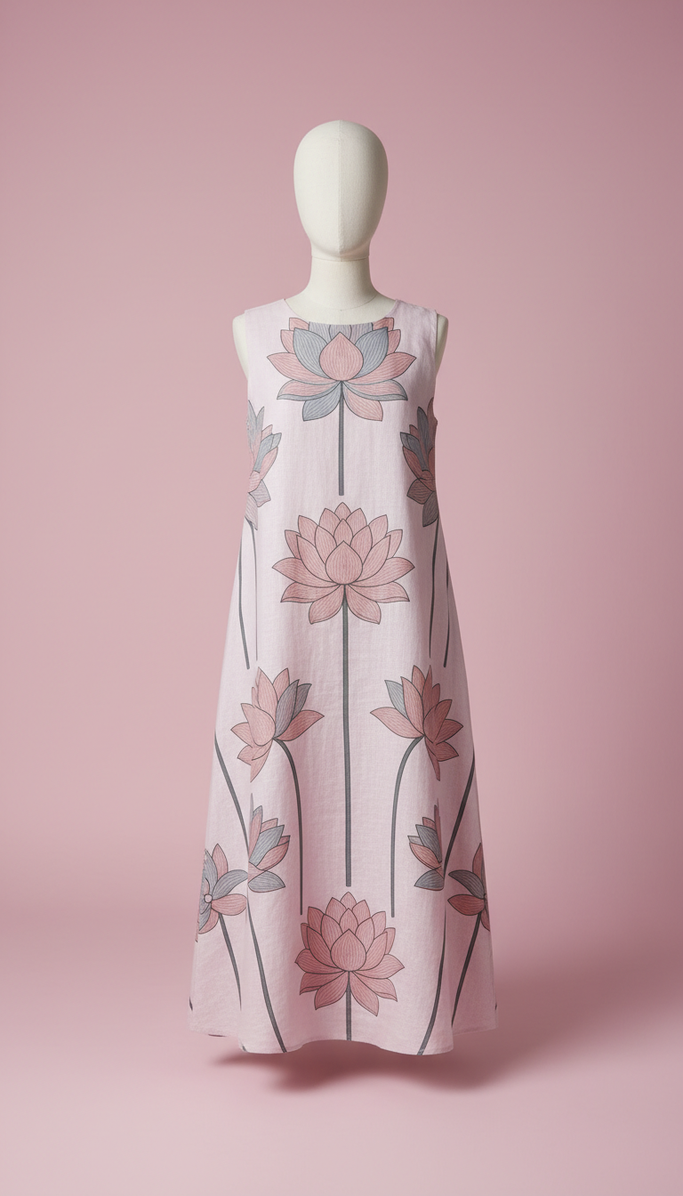 Linen Dress with Lotus Motif