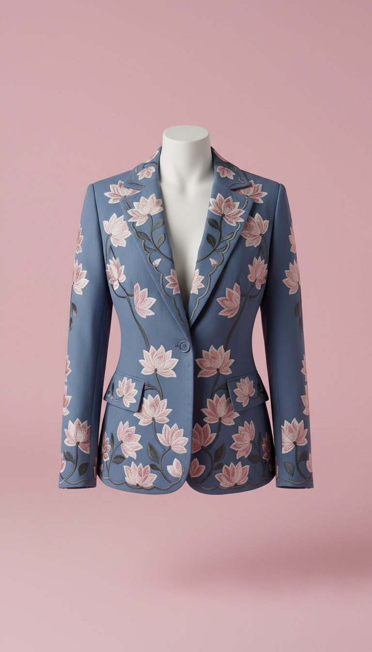 Slate Blue Blazer with Floral Embroidery