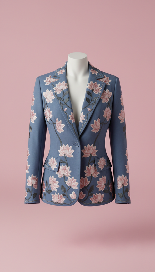 Slate Blue Blazer with Floral Embroidery