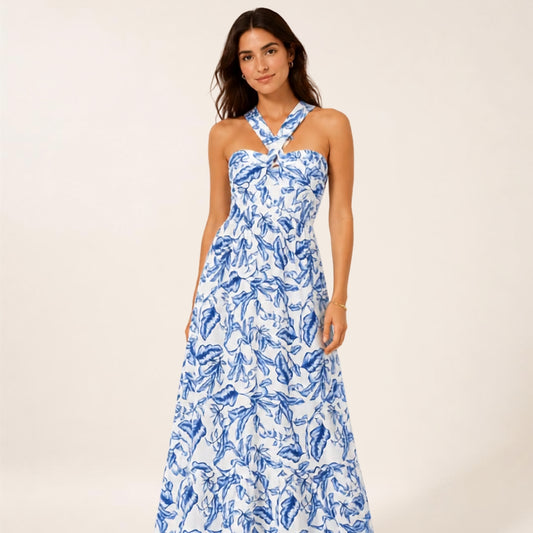 Cross-Strap Halterneck Sleeveless Floral Maxi Dress