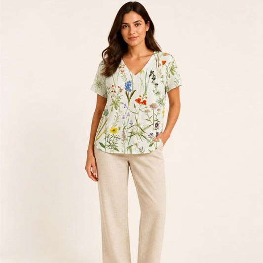 Printed Short-Sleeve V-Neck Top