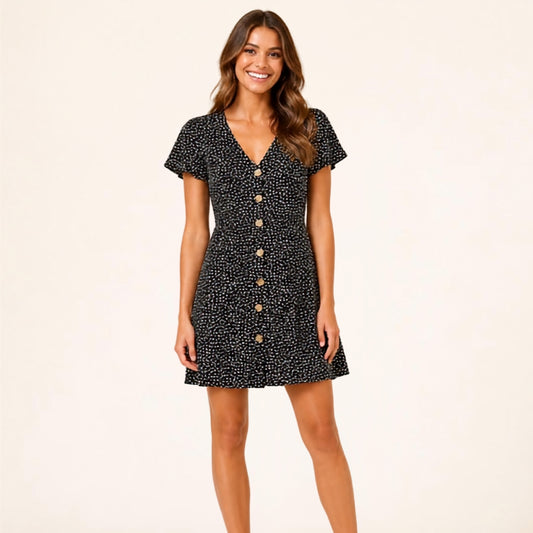 Printed V-neck button ruffled dress