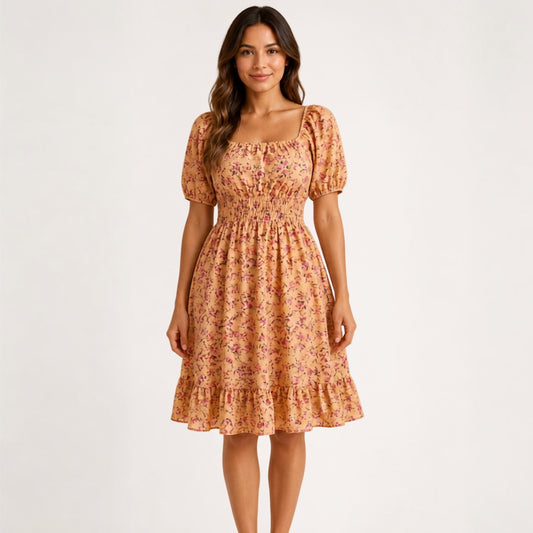 Big Swing Loose Hem Flower Print Short Sleeves High Waist Dress