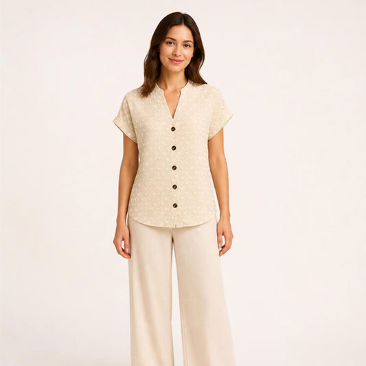 V-neck Short-sleeved Jacquard Top Shirt