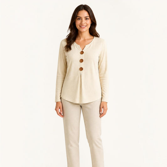 V-neck Buttoned Long-sleeve Casual Top
