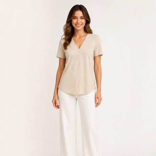 Short-Sleeve Casual V-Neck Solid Color Loose T-Shirt Top