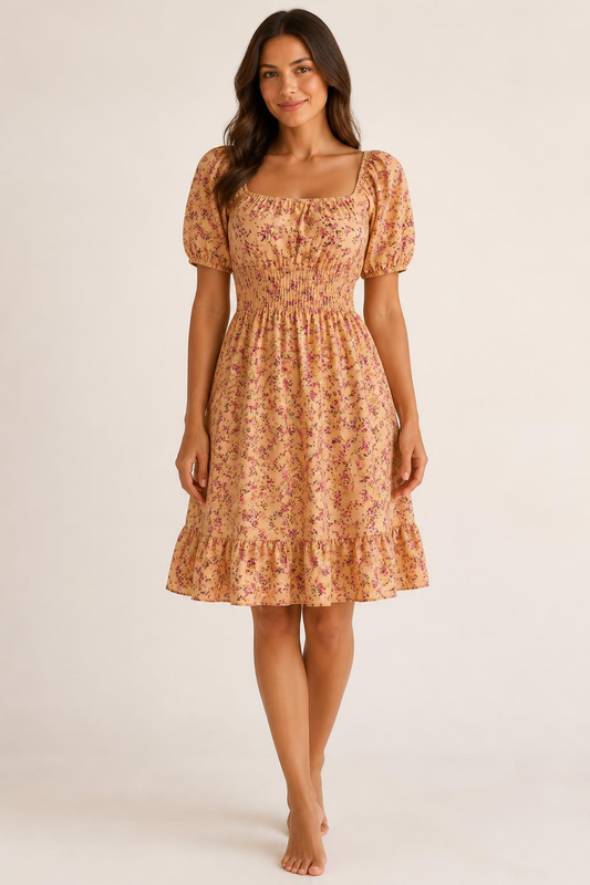 Floral Print Square Collar Ruffles Dress