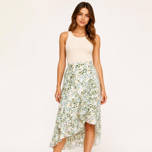 High Waist Long Black Knotted Tied Wrap Floral Ruffle Chiffon A-Line Split Skirt