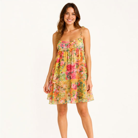 Flowers Print Suspender Ruffled Holiday Beach Short Dress