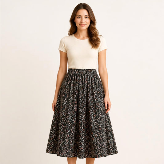 Elastic Waist A-line Midi Skirt