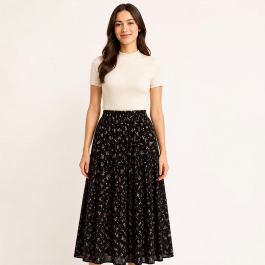 A- Line Chiffon Floral Long Dress High Waist Umbrella Skirt