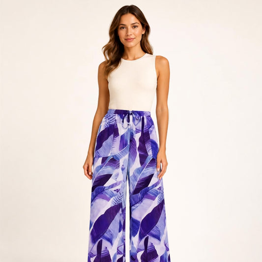 Drawstring Leaf Print Casual Loose Wide Leg Straight Trousers